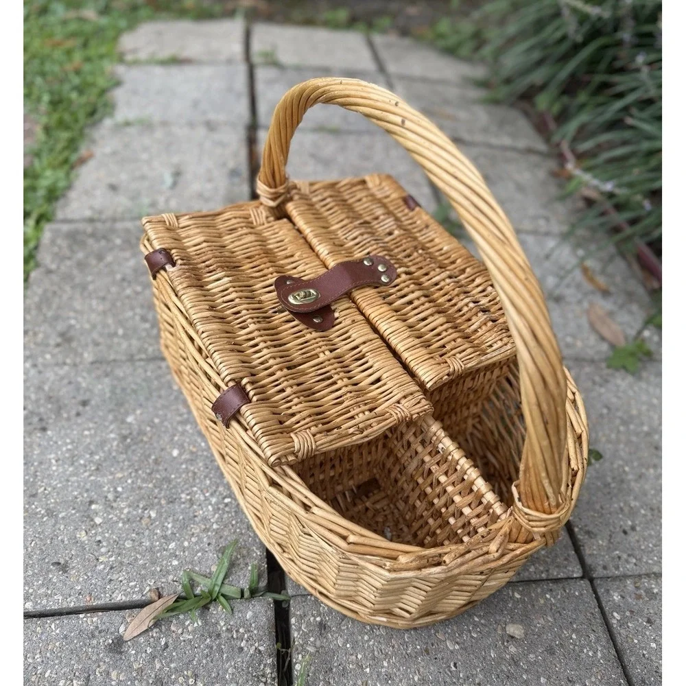 MCM Wicker Woven Picnic Basket with Lid & 2 Bottle Holders Vintage Boho Decor
